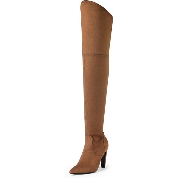 Women's Brown/Suede Faux Leather Thigh High Over The Knee Long Pointed Toe Boots - Picture 1 of 7